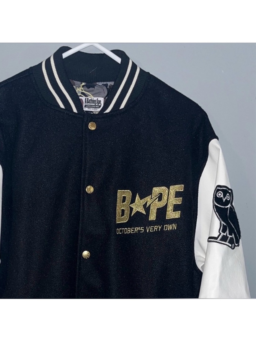 Bape x OVO Varsity Bomber Jacket Black White | A Bathing Ape x Octobers Very Own